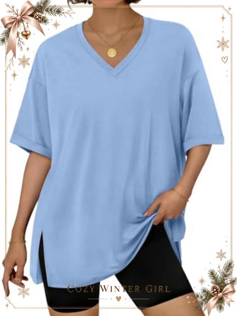 Oversized V-Neck Short Sleeve Workout T-Shirt Loose Fit Casual Tee